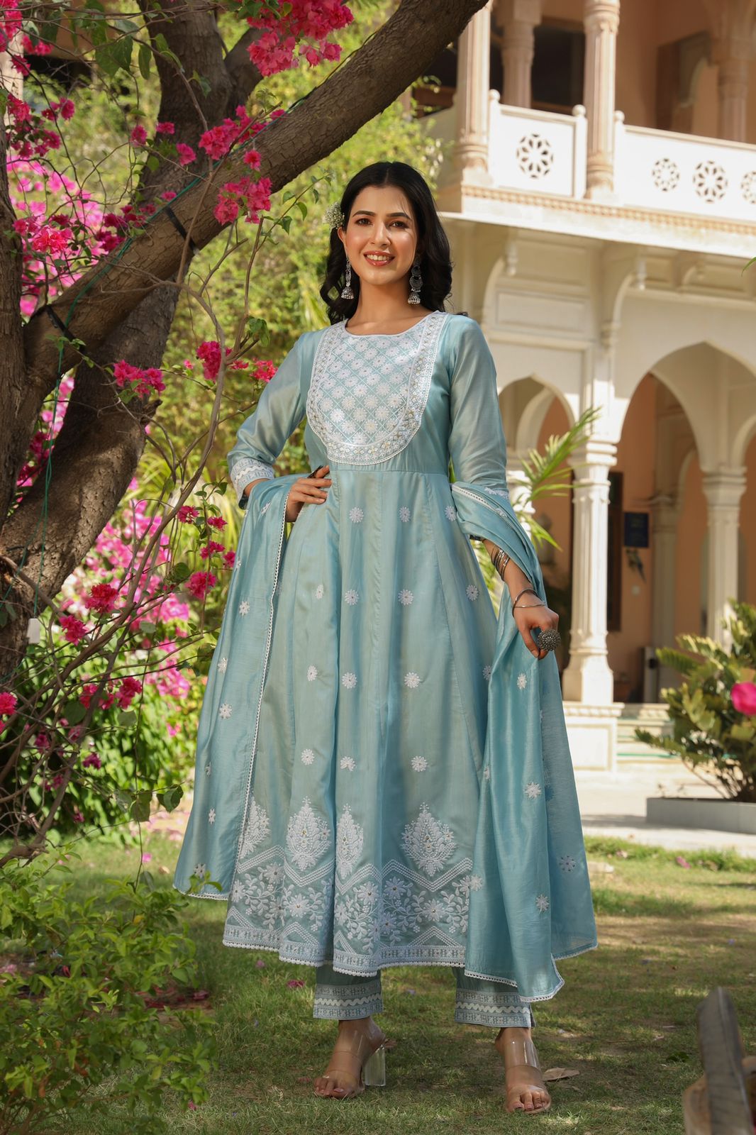 Ivory Blue Chanderi Silk Embroidered Kurta Sets