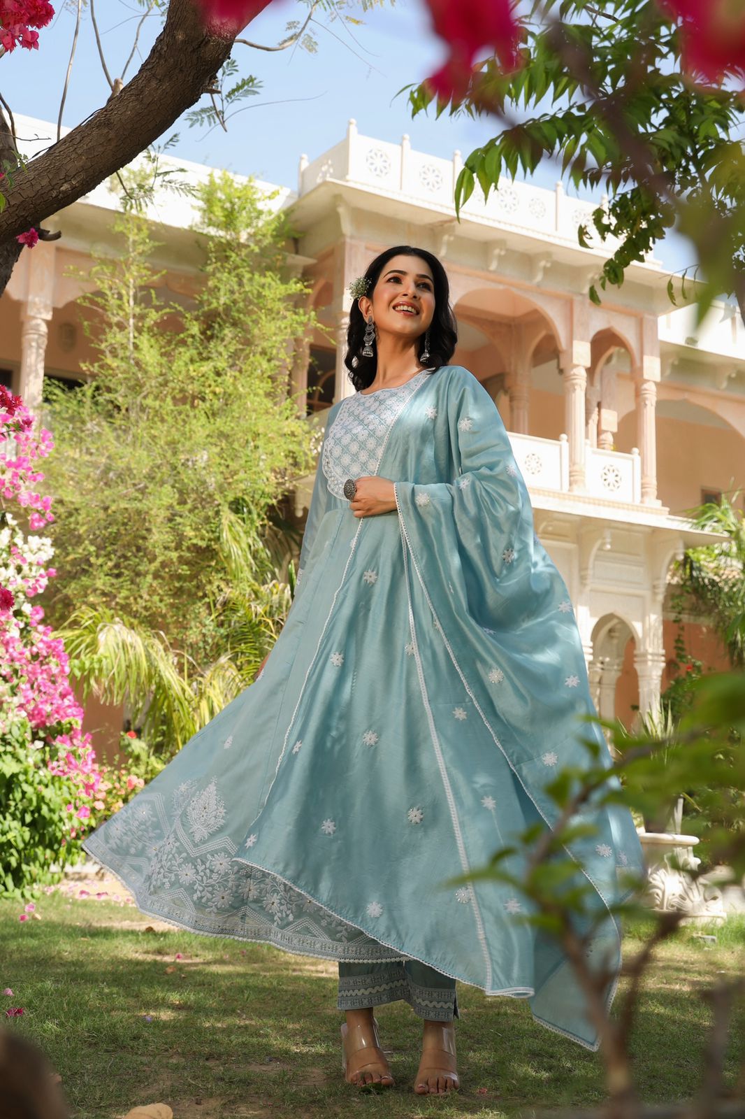 Ivory Blue Chanderi Silk Embroidered Kurta Sets