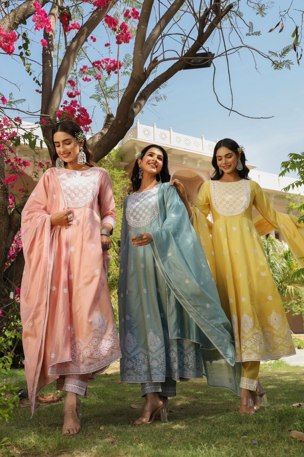Ivory Blue Chanderi Silk Embroidered Kurta Sets