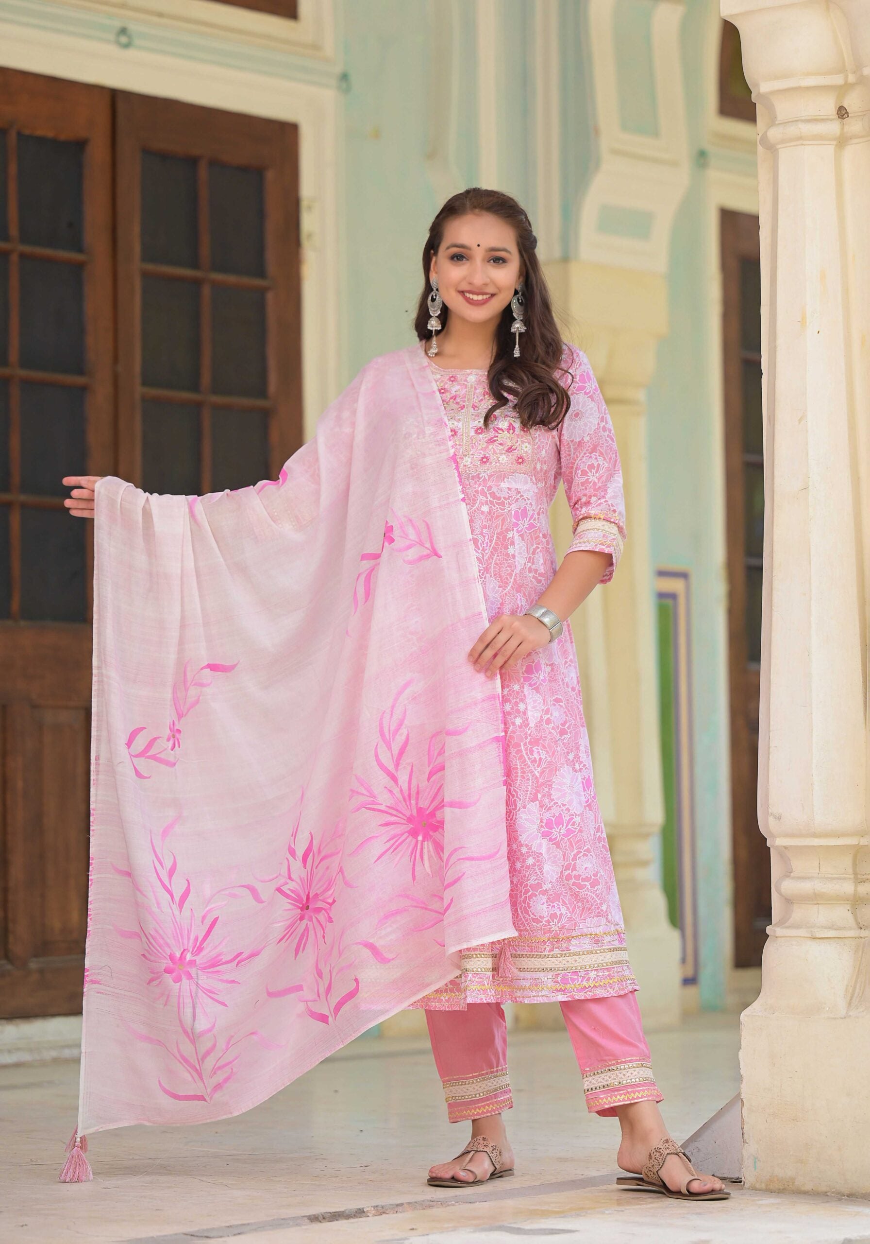 Embroidered Pink Anarkali Suit Set