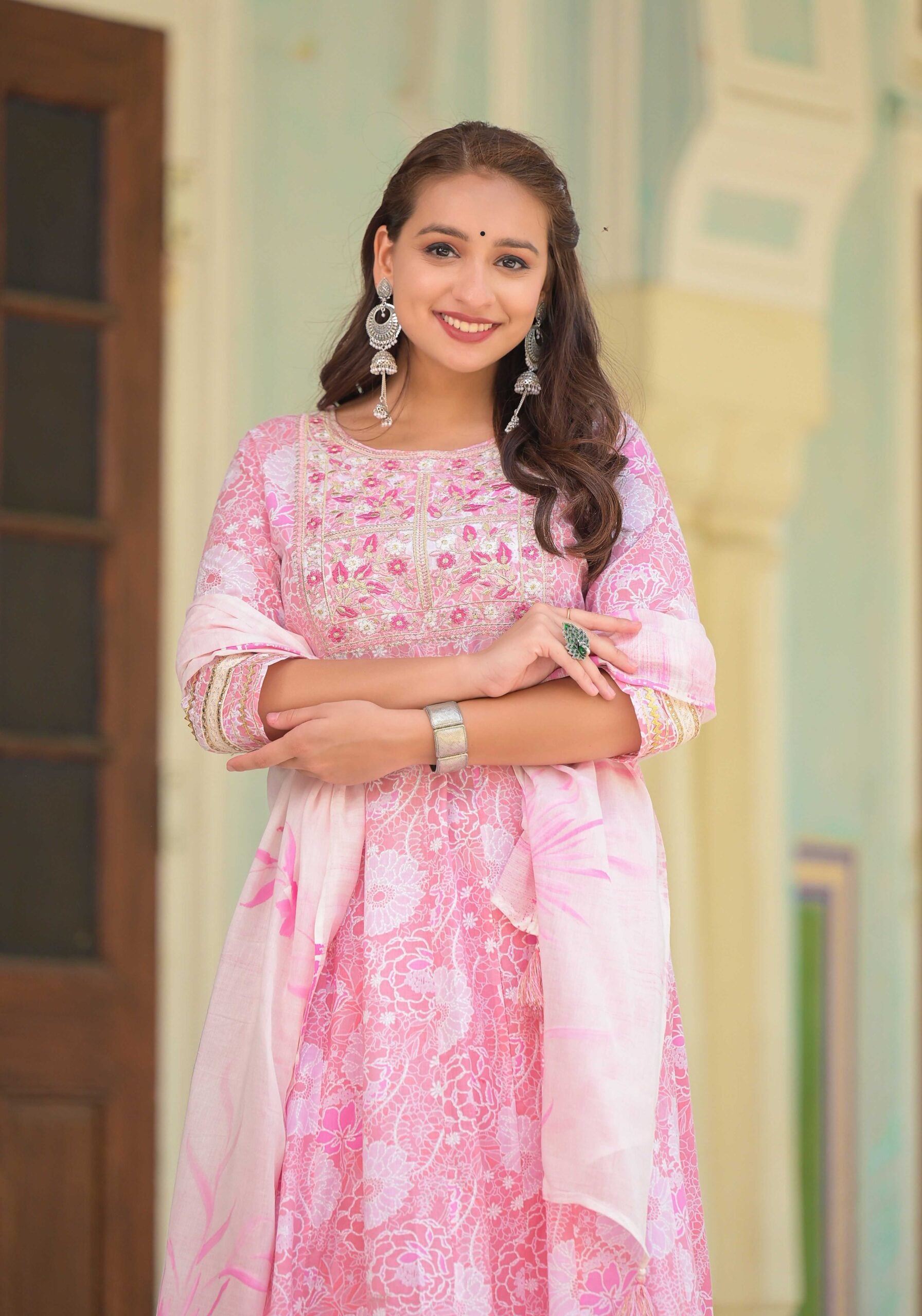 Embroidered Pink Anarkali Suit Set