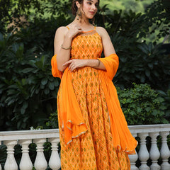 Mustard Printed Muslin Cotton Kurta Set
