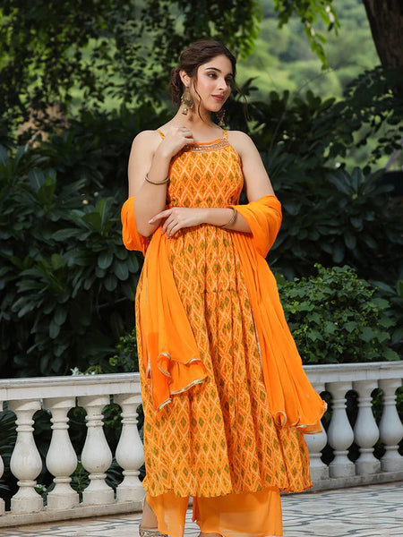 Mustard Printed Muslin Cotton Kurta Set