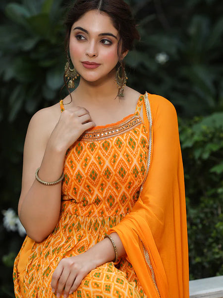 Mustard Printed Muslin Cotton Kurta Set
