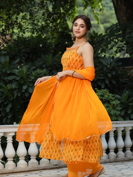 Mustard Printed Muslin Cotton Kurta Set