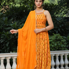 Mustard Printed Muslin Cotton Kurta Set