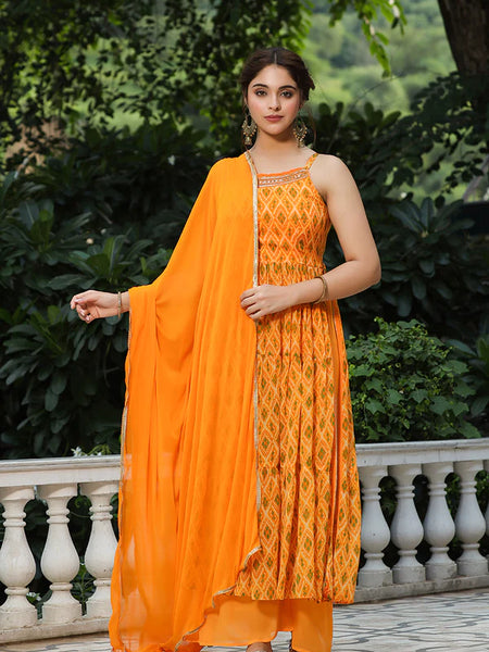 Mustard Printed Muslin Cotton Kurta Set