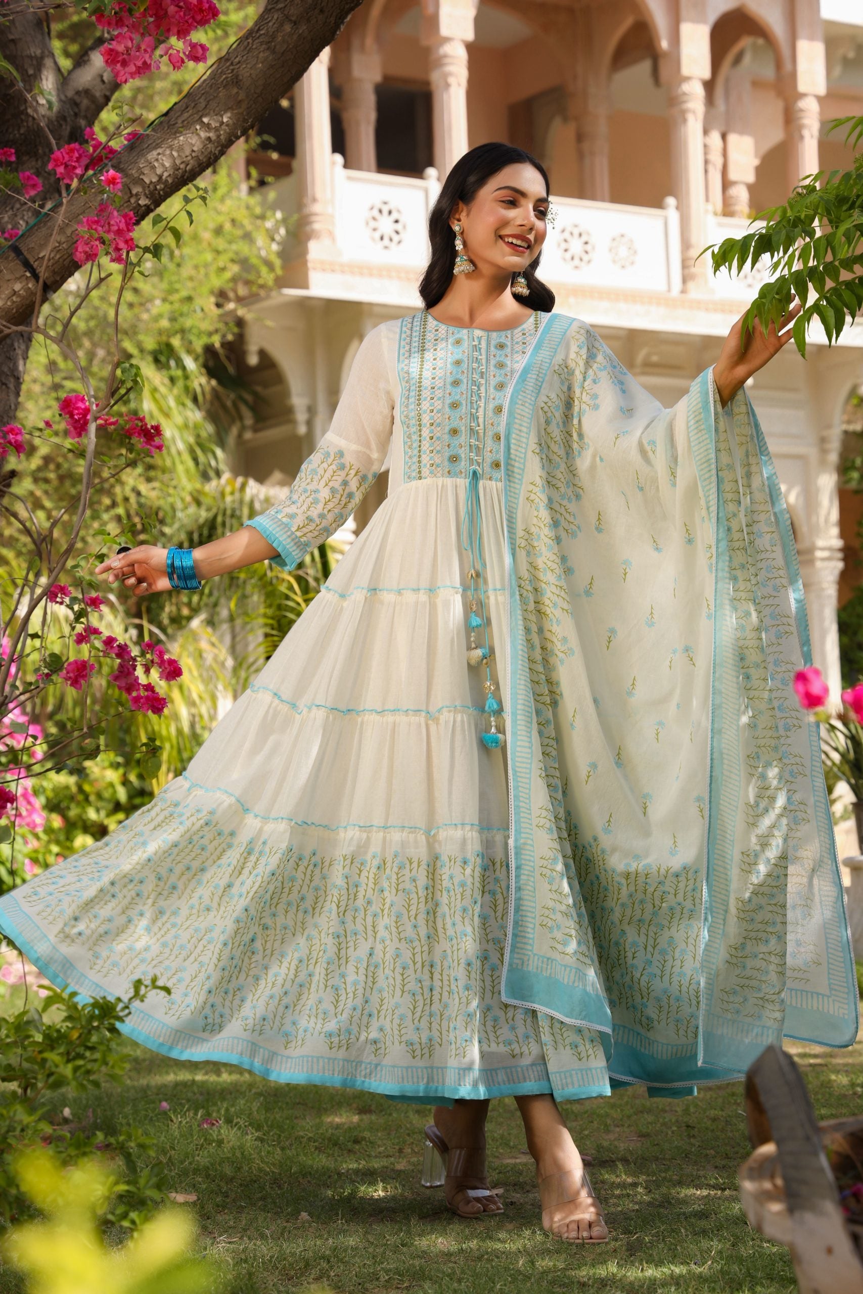 Blue HandBlock Printed Anarkali Dress With Dupatta