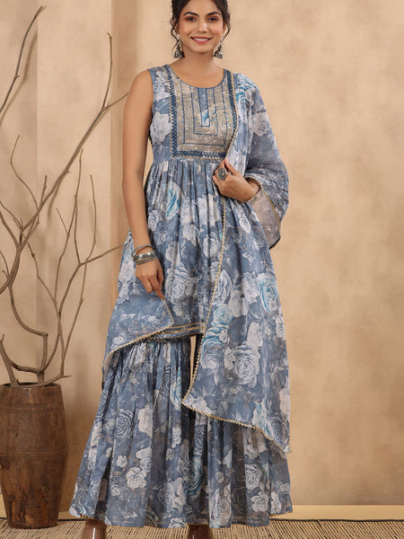 Blue Cotton Mulmul Sharara set.
