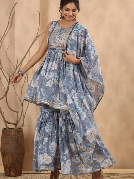 Blue Cotton Mulmul Sharara set.