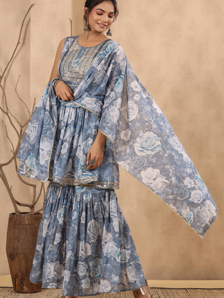 Blue Cotton Mulmul Sharara set.