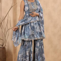 Blue Cotton Mulmul Sharara set.
