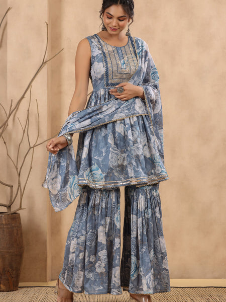 Blue Cotton Mulmul Sharara set.