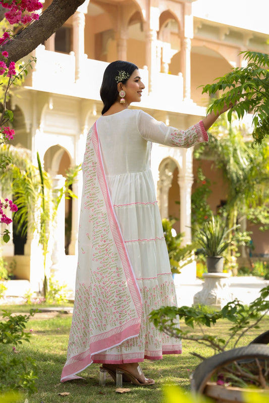 Pink HandBlock Printed Anarkali Dress With Dupatta