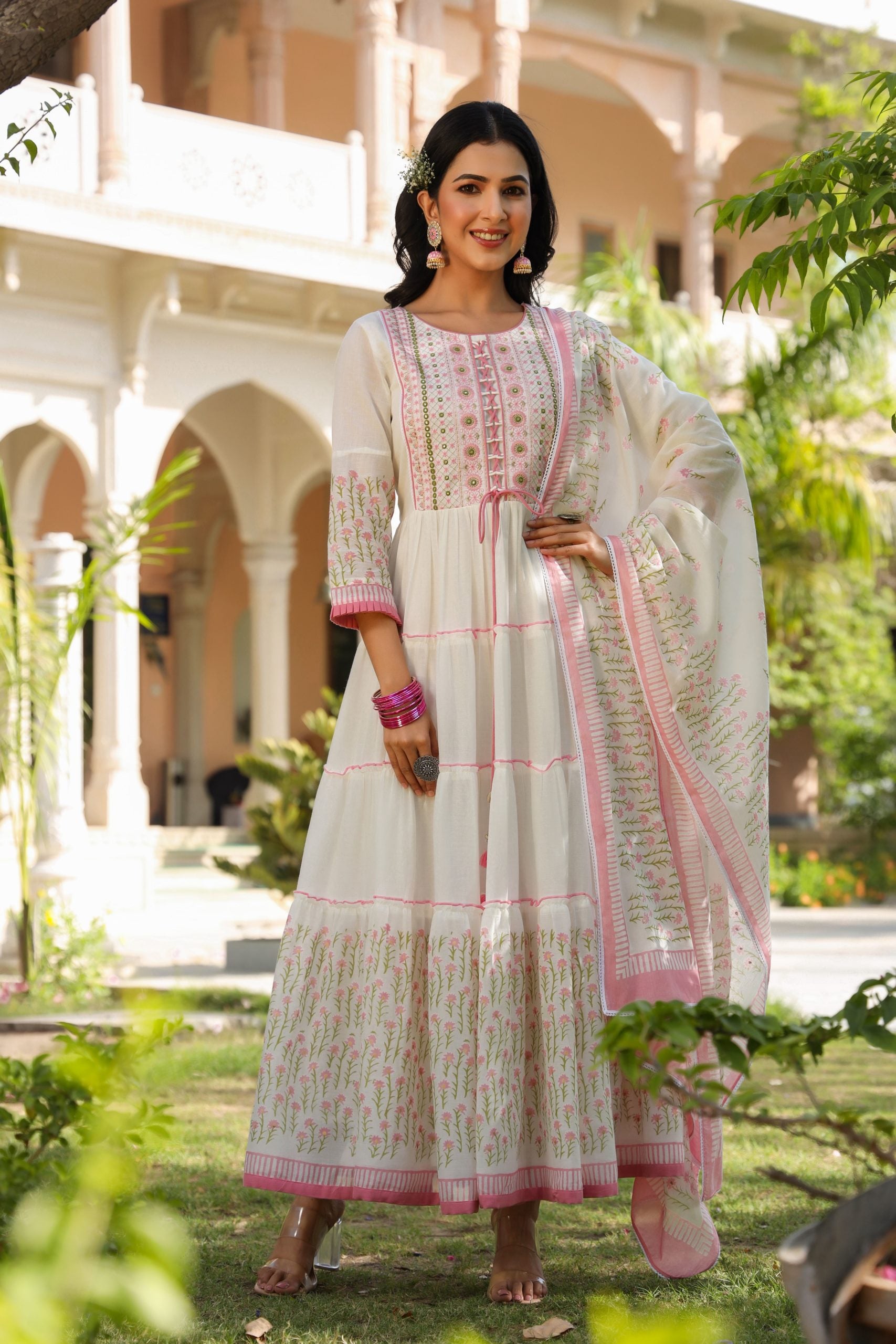 Pink HandBlock Printed Anarkali Dress With Dupatta