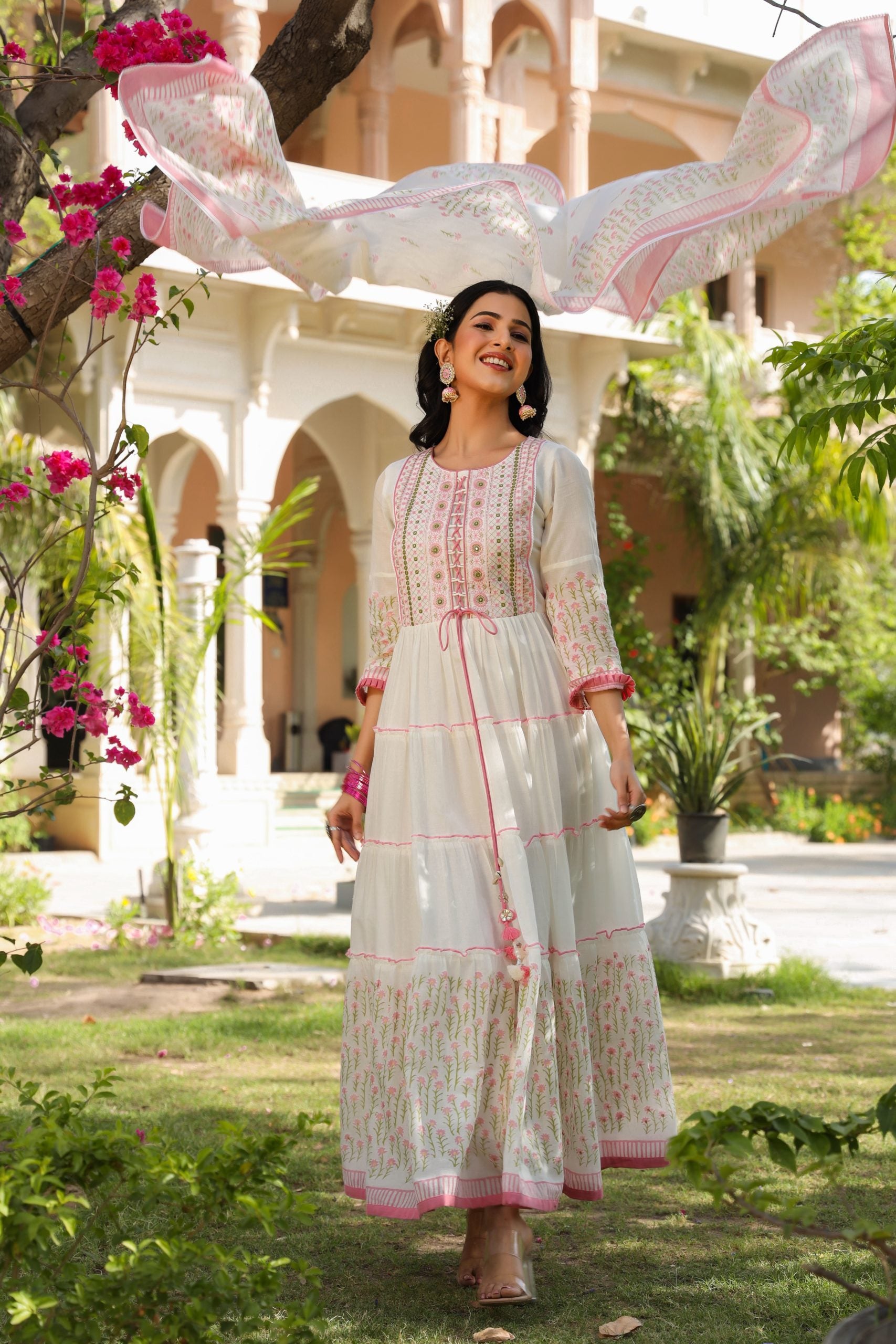 Pink HandBlock Printed Anarkali Dress With Dupatta