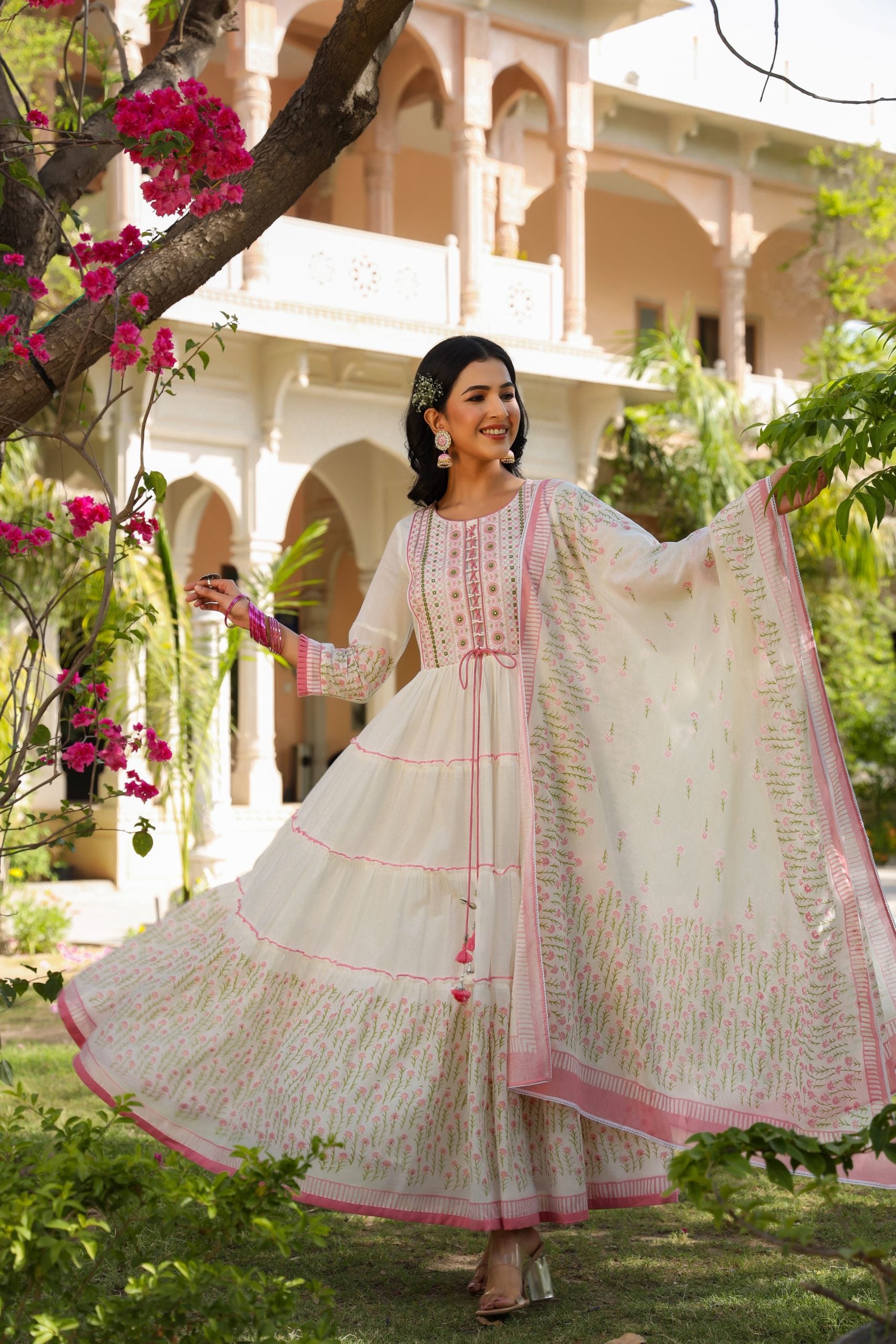 Pink HandBlock Printed Anarkali Dress With Dupatta