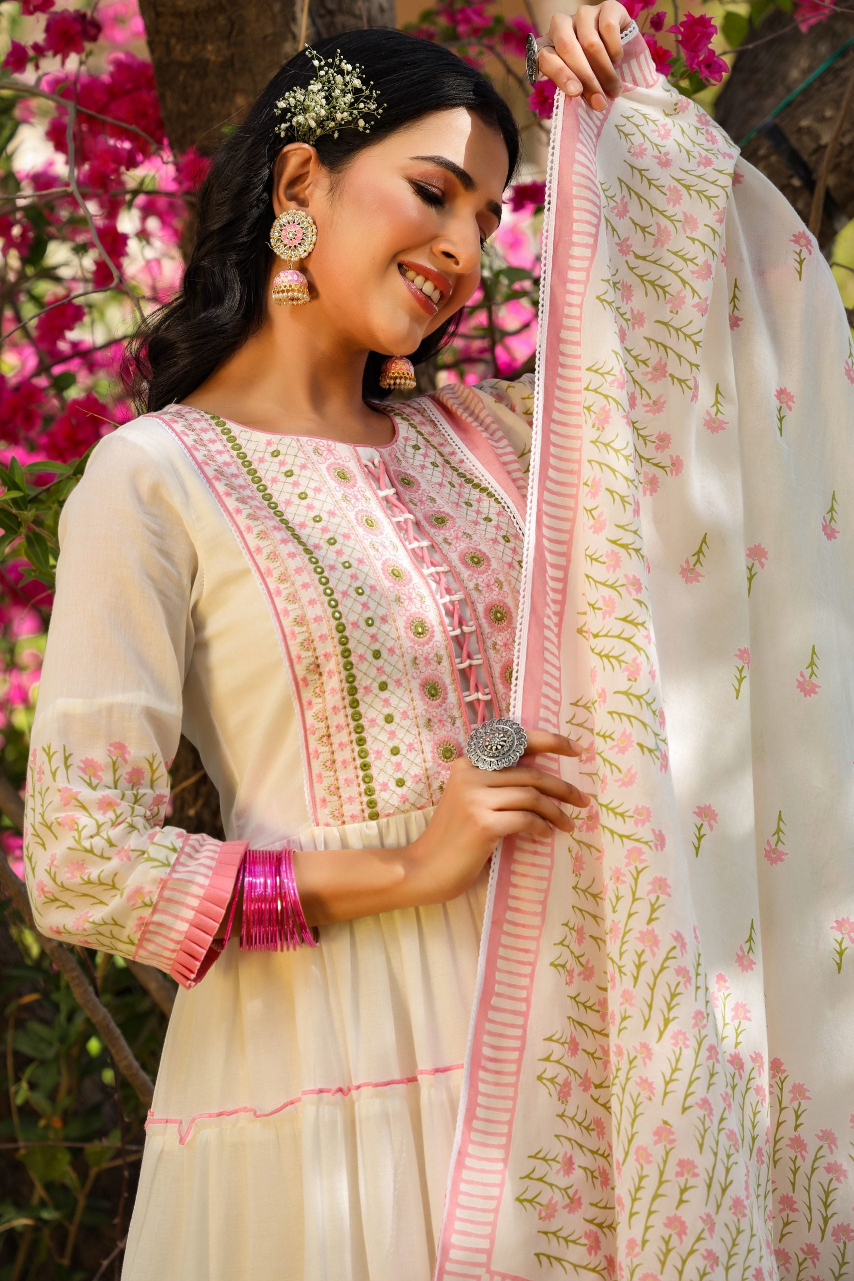 Pink HandBlock Printed Anarkali Dress With Dupatta