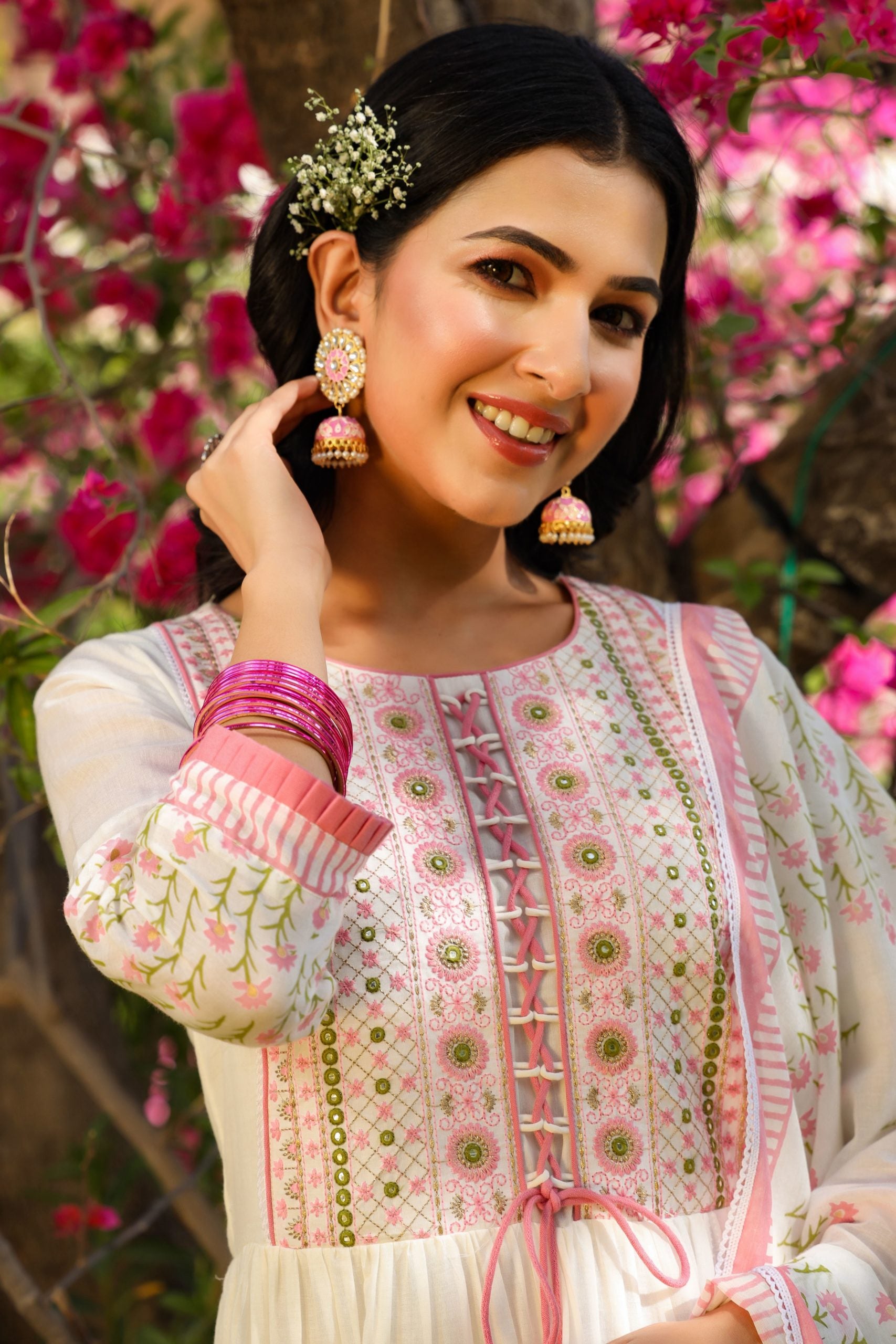 Pink HandBlock Printed Anarkali Dress With Dupatta